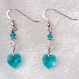 Swarovski Crystal Hearts & Sterling Silver Earrings- Aqua Blue & Clear- Handmade